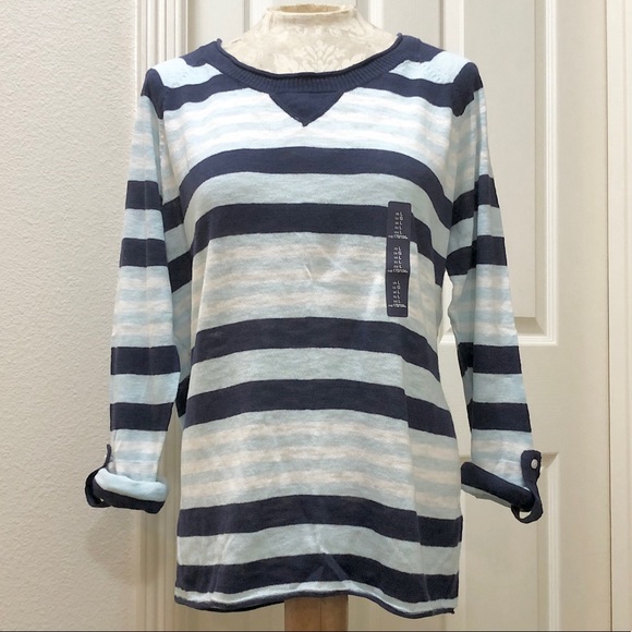 Gap Women’s Blue/White Striped Sweater with Roll-Tab Sleeves/Rolled Raw Edges- L - Picture 3 of 16